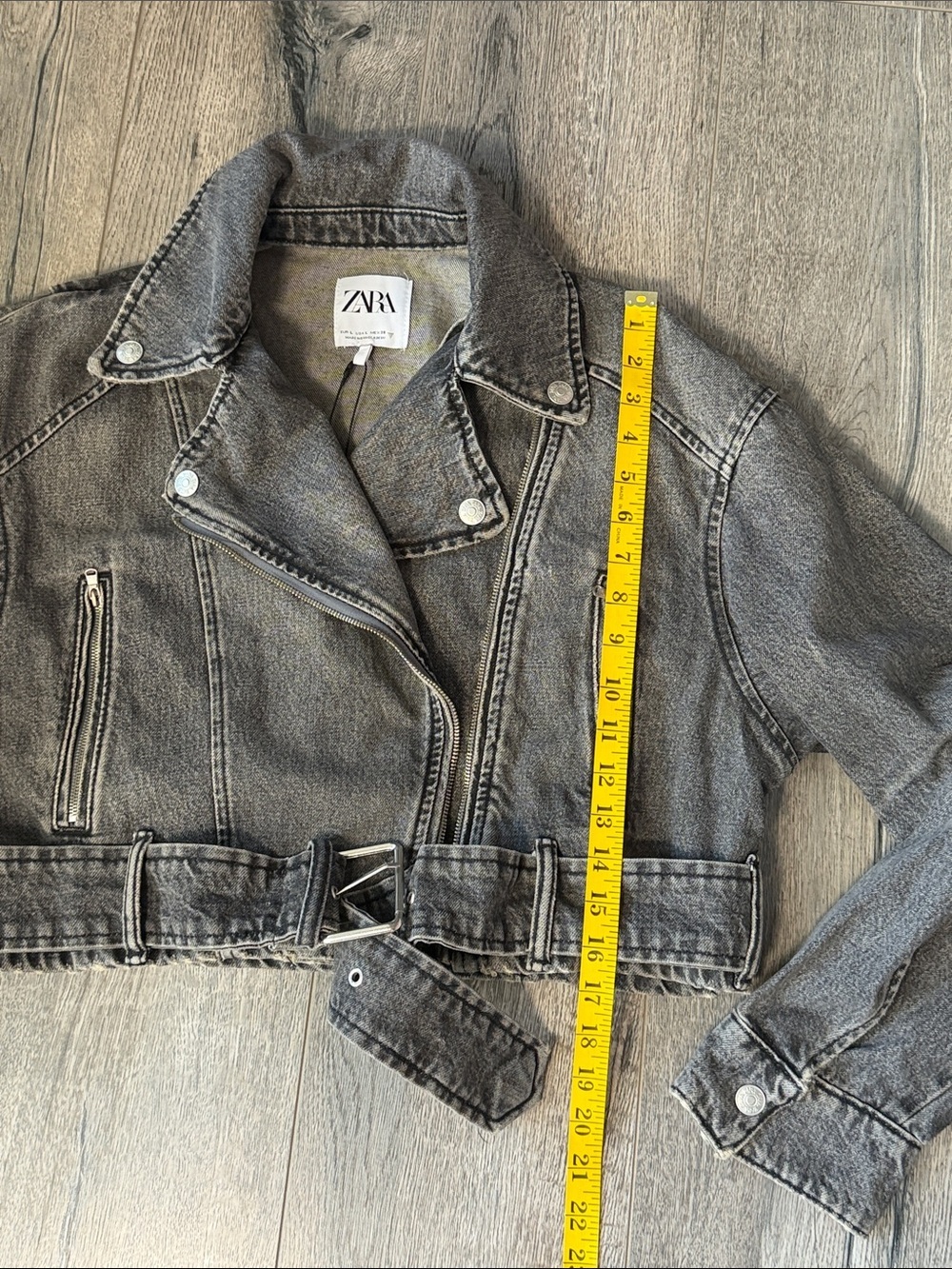 Zara Black Washed Cropped Denim Moto Jacket - Picture 11 of 13